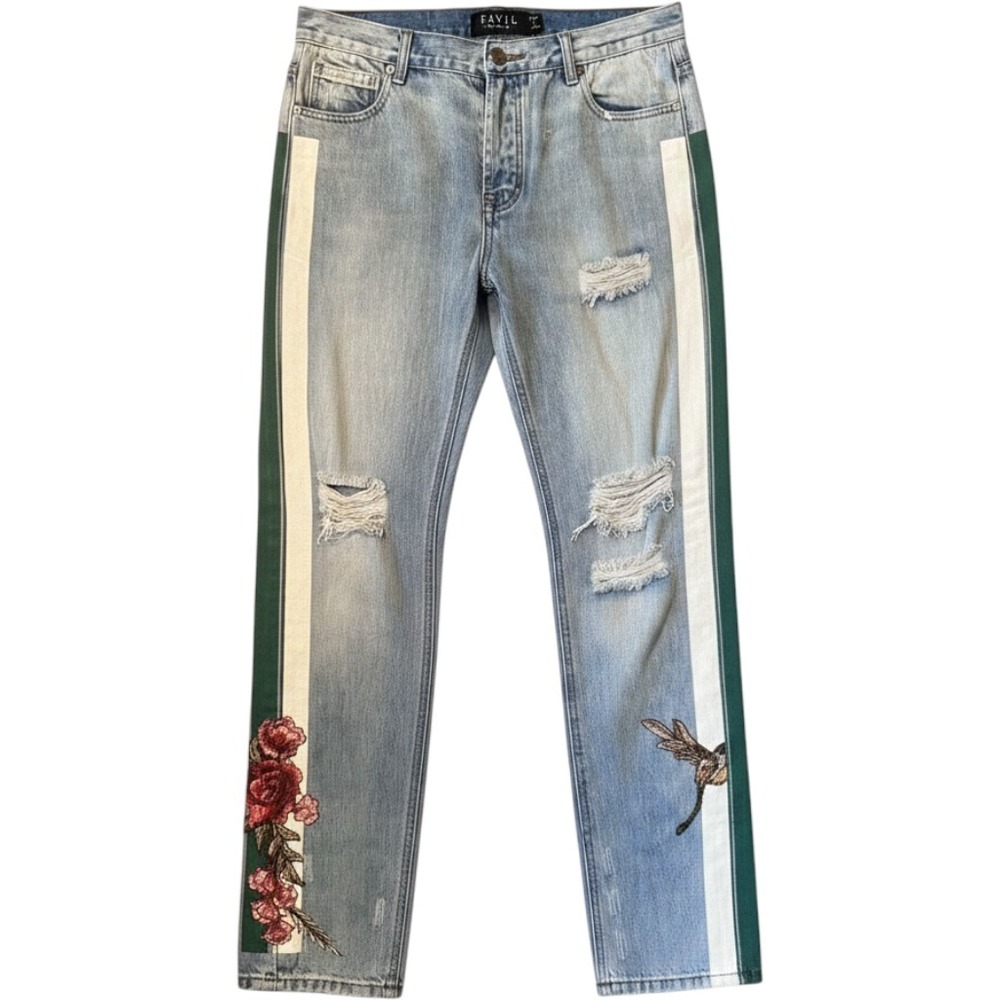 Civil Regime Jeans 32 Blue Distressed Embroidered Racing Stripe Streetwear